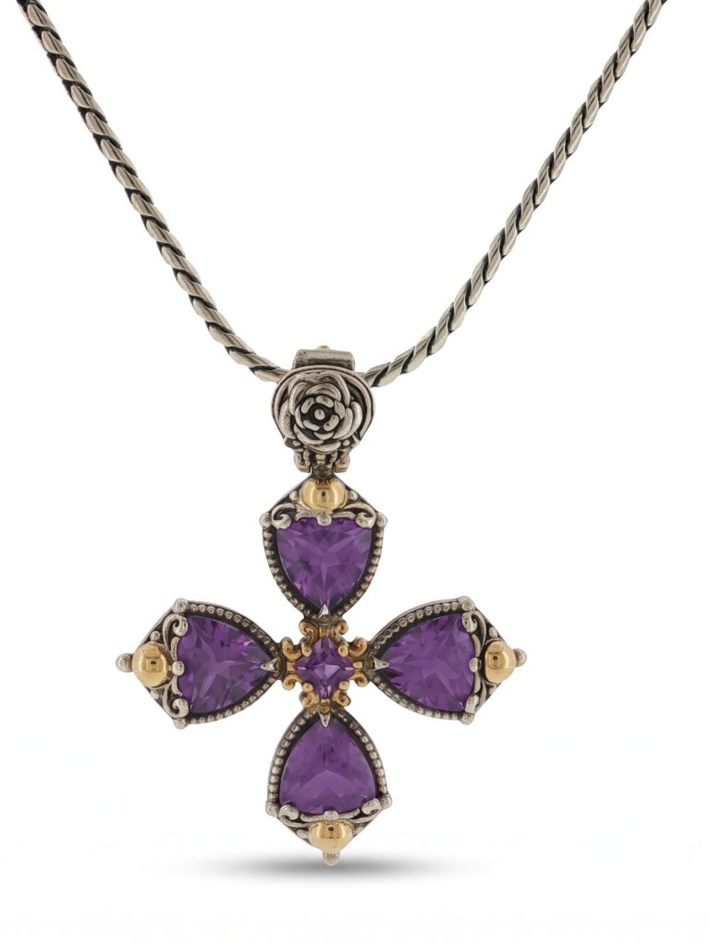 KONSTANTINO 925 Silver & 18K Gold Gen K 2 Amethyst Cross Pendant Necklace